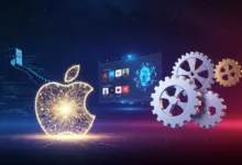Apple logo made of light, screen with app icons, and gears on a blue and red background.