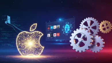 Apple logo made of light, screen with app icons, and gears on a blue and red background.