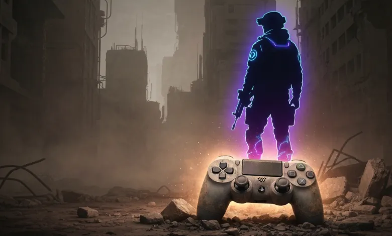 Neon soldier stands on game controller in war-torn city.