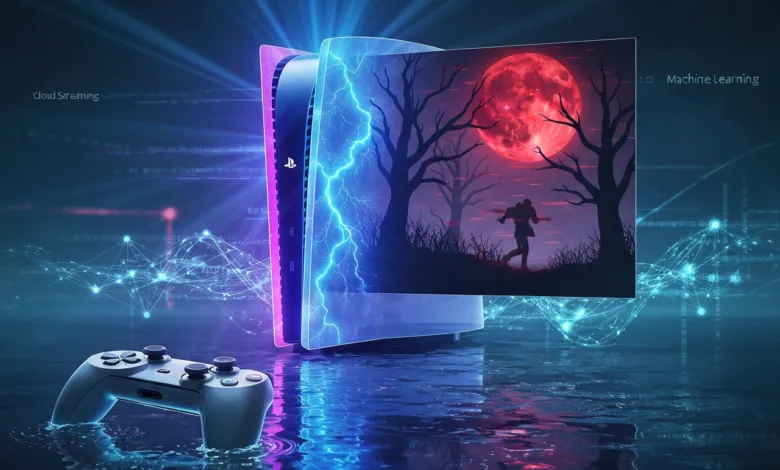 PlayStation 5 console and controller with digital landscape background.