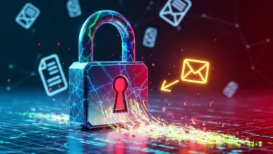 Digital padlock with glowing email icons, representing cybersecurity.