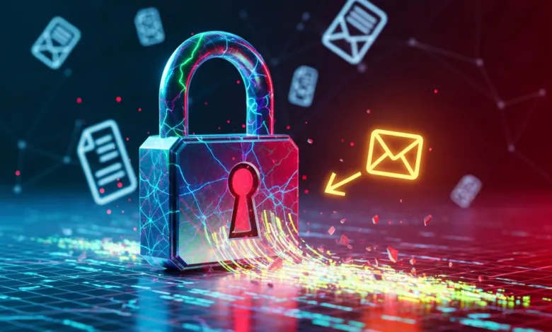 Digital padlock with glowing email icons, representing cybersecurity.
