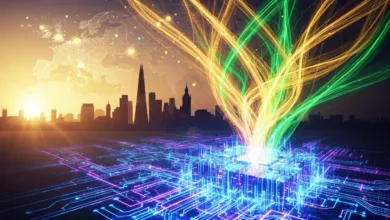 Futuristic cityscape with glowing data streams and circuit board patterns.