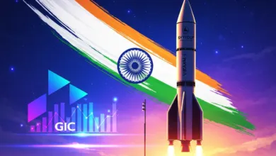 Vikram-I rocket launch with Indian flag and GIC graph overlay.