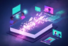 Isometric view of a book with digital content streaming from it onto various screens.