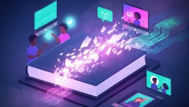 Isometric view of a book with digital content streaming from it onto various screens.