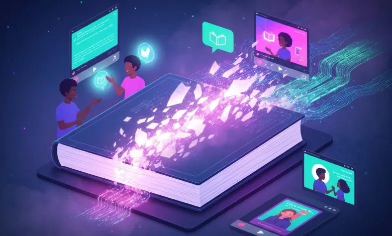Isometric view of a book with digital content streaming from it onto various screens.