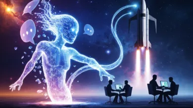 Futuristic image of AI figure, rocket launch, and people working on laptops.