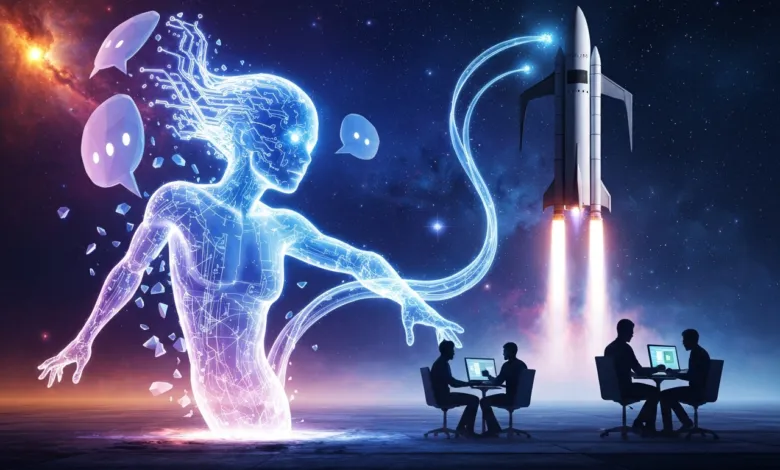 Futuristic image of AI figure, rocket launch, and people working on laptops.