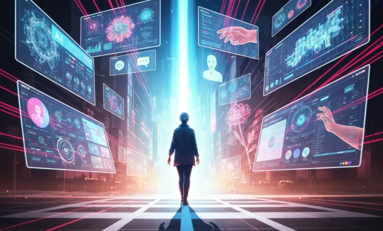 Person walks toward bright light surrounded by floating AI data screens.