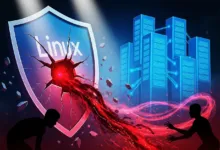 Cracked Linux shield with red breach, servers, and silhouettes.