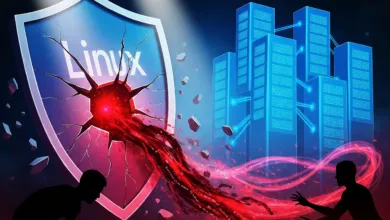 Cracked Linux shield with red breach, servers, and silhouettes.