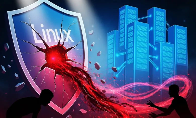 Cracked Linux shield with red breach, servers, and silhouettes.