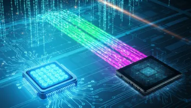 Abstract digital illustration of data transfer between two processors.