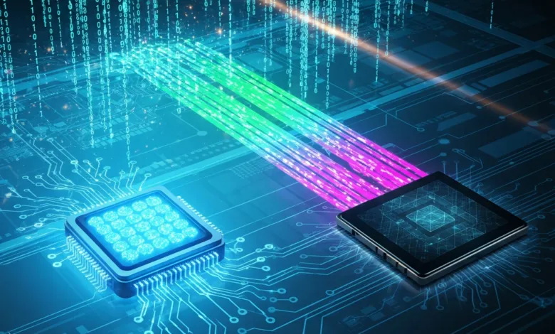 Abstract digital illustration of data transfer between two processors.