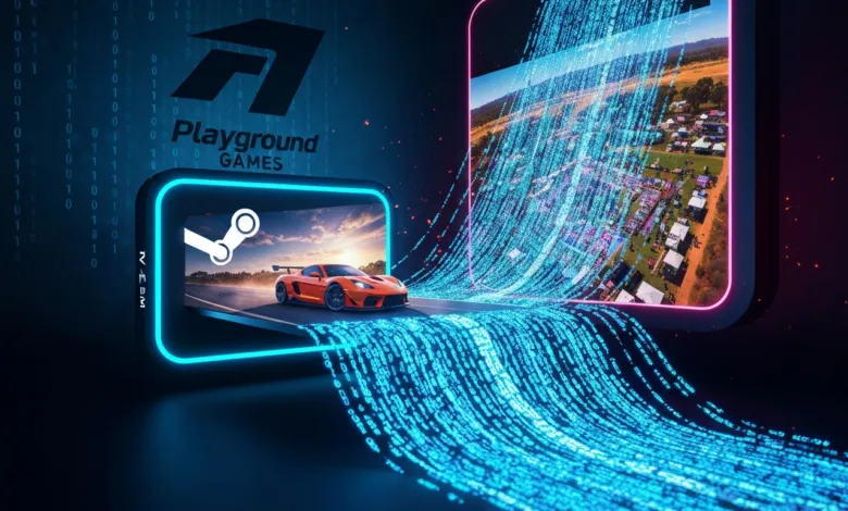 Playground Games logo with orange sports car and digital data stream.