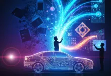 AI-powered car design with glowing circuits and data streams.