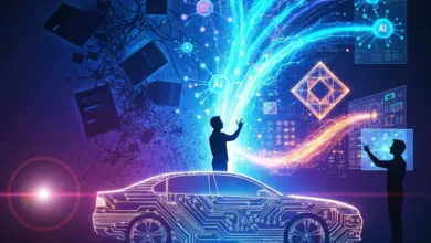 AI-powered car design with glowing circuits and data streams.