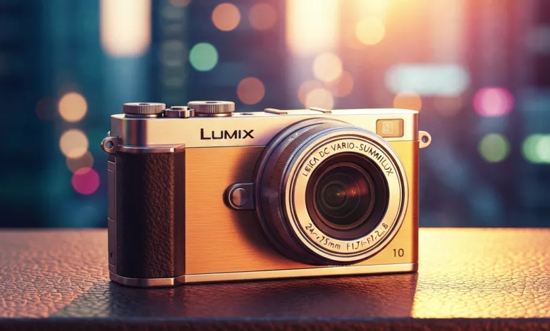 Lumix camera with Leica lens on a textured surface, bokeh background.