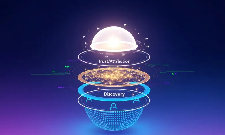 Abstract layered diagram showing 'Discovery', 'Trust/Attribution' and a glowing dome.