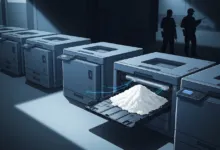 Row of printers, one with white powder in tray, guarded by silhouetted figures.