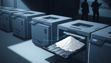 Row of printers, one with white powder in tray, guarded by silhouetted figures.