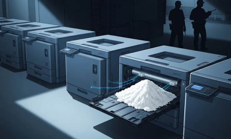 Row of printers, one with white powder in tray, guarded by silhouetted figures.