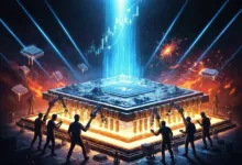 AI chip with rising stock chart, robotic arms, and workers in a futuristic setting.