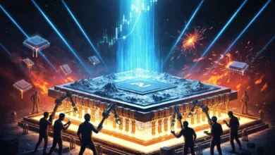 AI chip with rising stock chart, robotic arms, and workers in a futuristic setting.