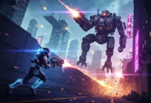Futuristic soldier battles a large mech in a city setting, firing weapons.