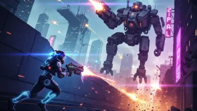 Futuristic soldier battles a large mech in a city setting, firing weapons.