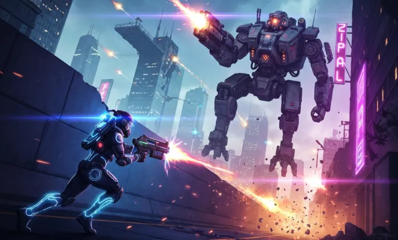 Futuristic soldier battles a large mech in a city setting, firing weapons.