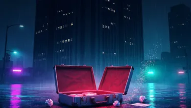 Open briefcase with CDs and papers on a rainy city street at night.