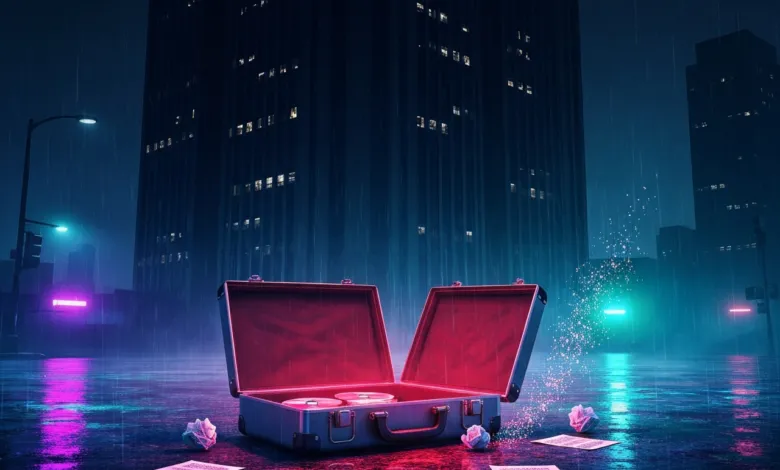 Open briefcase with CDs and papers on a rainy city street at night.