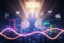 Futuristic cityscape with digital human figure and 2026 year indicator.