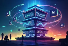 Futuristic AI data center with glowing screens and floating AI icons.