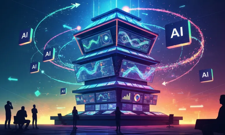 Futuristic AI data center with glowing screens and floating AI icons.