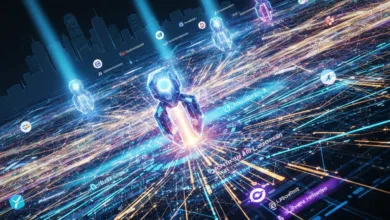 Abstract digital landscape with glowing figures and data streams.