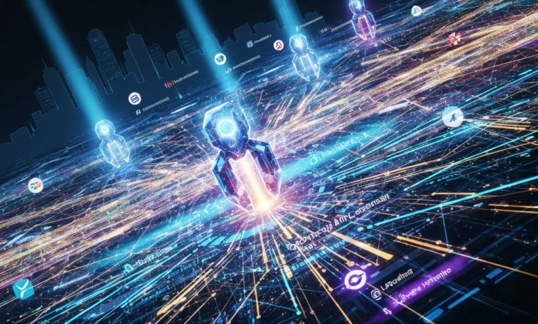 Abstract digital landscape with glowing figures and data streams.