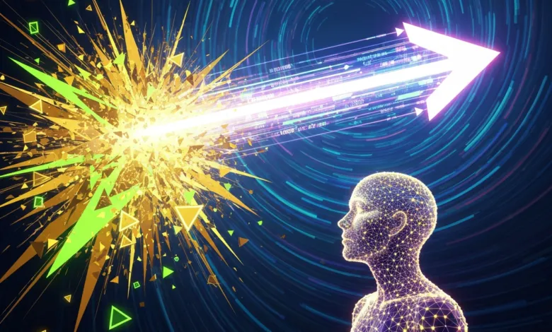 Abstract image of digital head with arrow and geometric shapes.