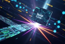 Burp Suite interface with circuit board design, code stream, and light rays.