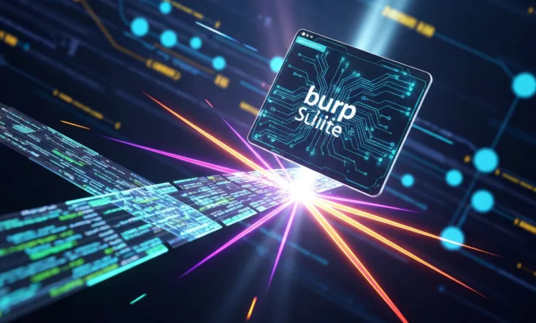 Burp Suite interface with circuit board design, code stream, and light rays.