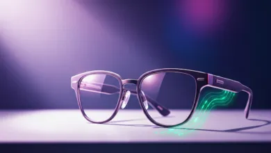 Smart glasses with digital interface on a table against a purple background.