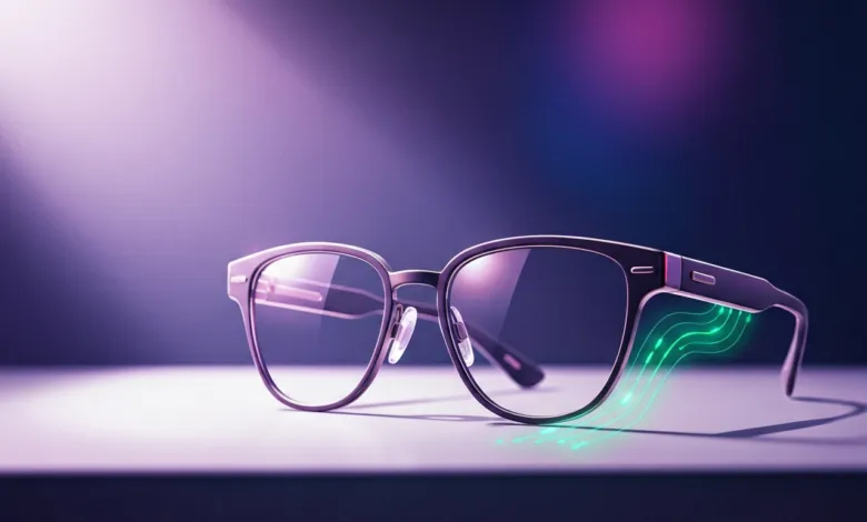 Smart glasses with digital interface on a table against a purple background.