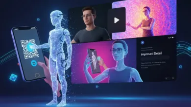 Futuristic image with a glowing robot, phone with QR code, and digital screens.