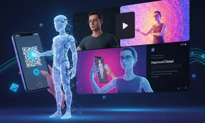 Futuristic image with a glowing robot, phone with QR code, and digital screens.