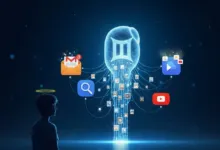 Boy with halo gazes at Gemini-shaped AI connected to apps and photos.