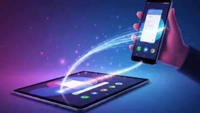 Smartphone and tablet connected by glowing data stream.