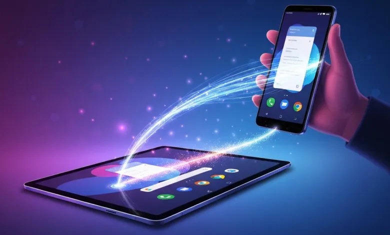 Smartphone and tablet connected by glowing data stream.