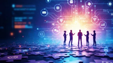 Silhouetted figures stand on puzzle pieces beneath glowing tech icons.
